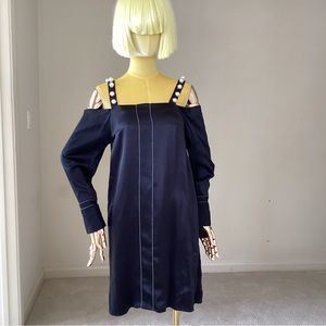3.1 Phillip Lim Black SilK Faux Pearls Off Shoulders Shift Dress 0